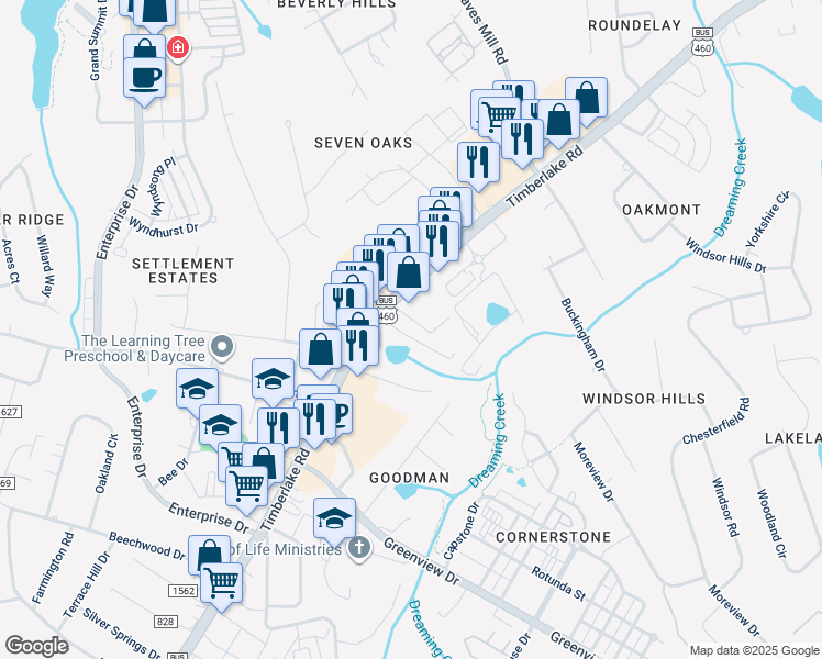 map of restaurants, bars, coffee shops, grocery stores, and more near 8108 Timberlake Road in Lynchburg