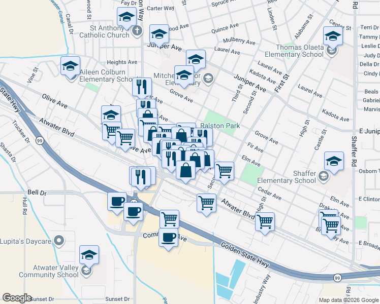 map of restaurants, bars, coffee shops, grocery stores, and more near 1401 Cedar Avenue in Atwater