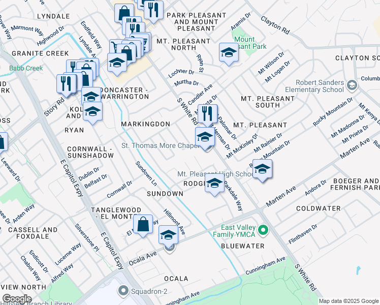 map of restaurants, bars, coffee shops, grocery stores, and more near 1651 Estates Court in San Jose