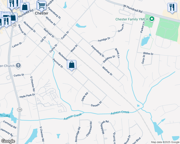 map of restaurants, bars, coffee shops, grocery stores, and more near 12540 Railroad Street in Chester