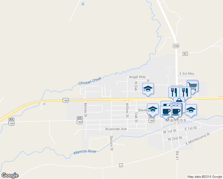 map of restaurants, bars, coffee shops, grocery stores, and more near 300 N Spruce in Mancos