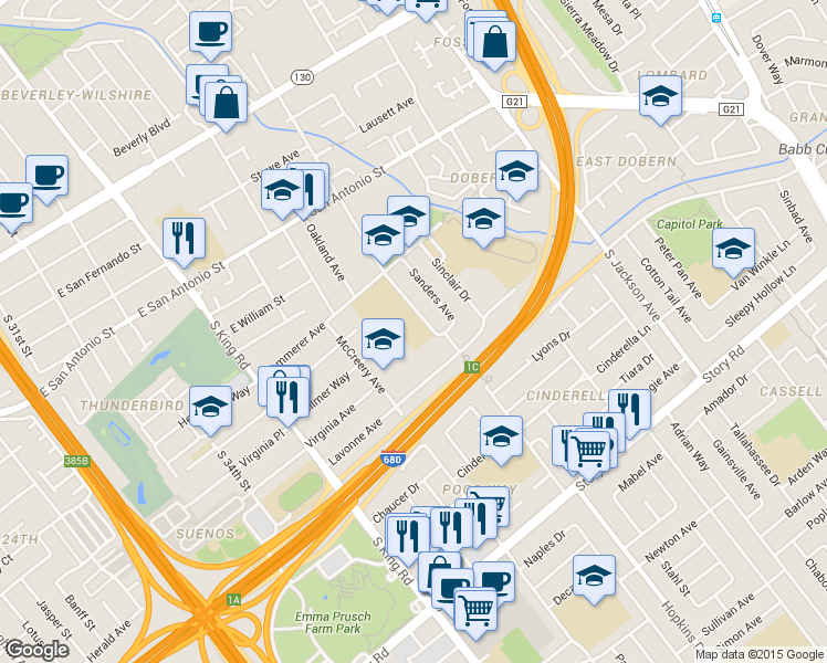 map of restaurants, bars, coffee shops, grocery stores, and more near 625 South Sunset Avenue in San Jose