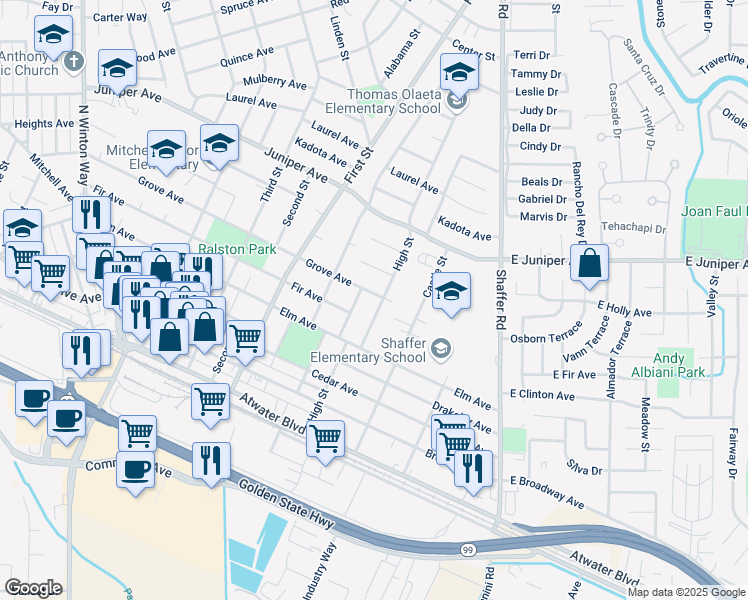 map of restaurants, bars, coffee shops, grocery stores, and more near 1599 High Street in Atwater