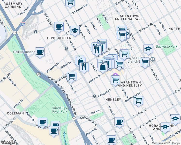 map of restaurants, bars, coffee shops, grocery stores, and more near 640 North 2nd Street in San Jose