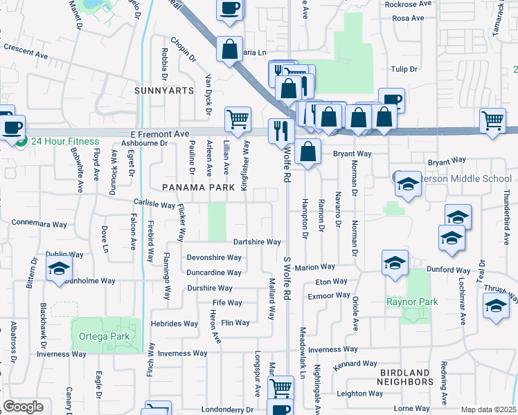 map of restaurants, bars, coffee shops, grocery stores, and more near 858 Carlisle Way in Sunnyvale