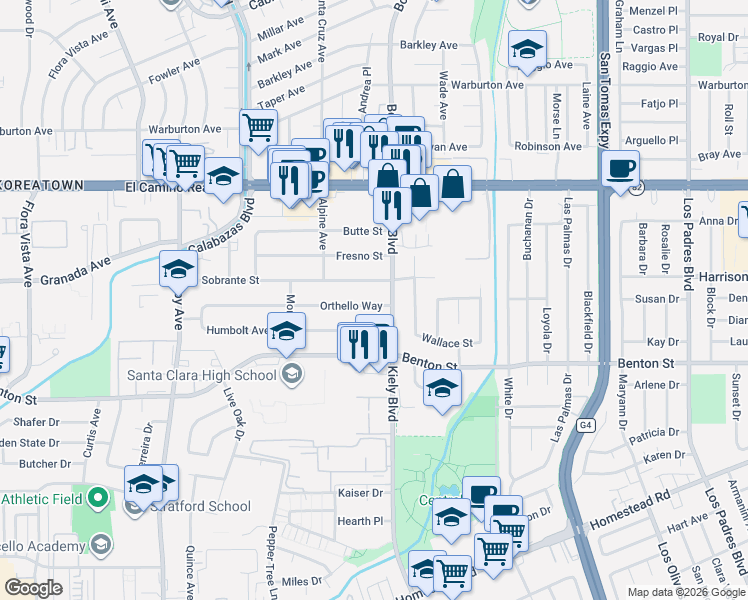 map of restaurants, bars, coffee shops, grocery stores, and more near 2851 Orthello Way in Santa Clara