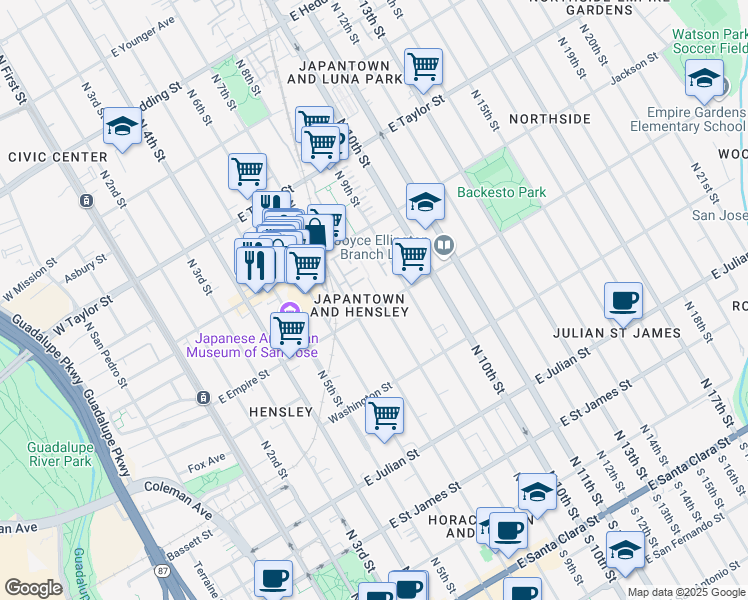 map of restaurants, bars, coffee shops, grocery stores, and more near 349 East Empire Street in San Jose