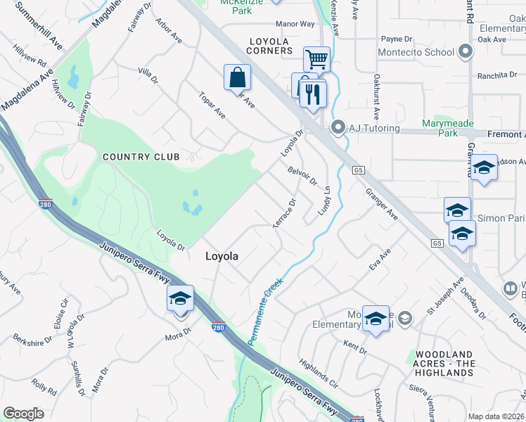 map of restaurants, bars, coffee shops, grocery stores, and more near 1735 Mora Court in Los Altos