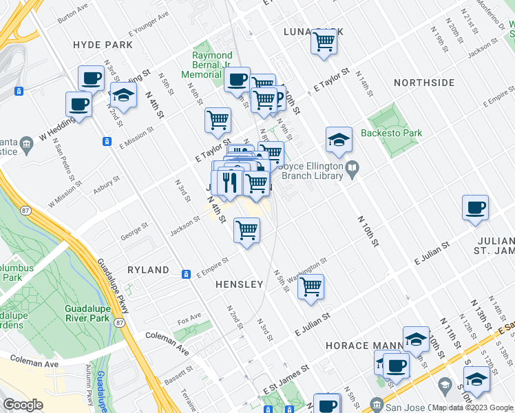 map of restaurants, bars, coffee shops, grocery stores, and more near 565 North 6th Street in San Jose
