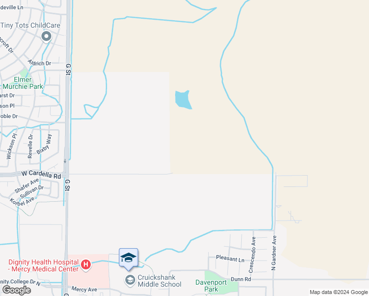 map of restaurants, bars, coffee shops, grocery stores, and more near 1550 East Cardella Road in Merced