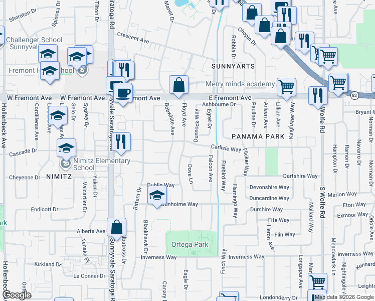 map of restaurants, bars, coffee shops, grocery stores, and more near 1409 Floyd Avenue in Sunnyvale