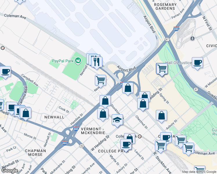 map of restaurants, bars, coffee shops, grocery stores, and more near 1057 Chestnut Street in San Jose