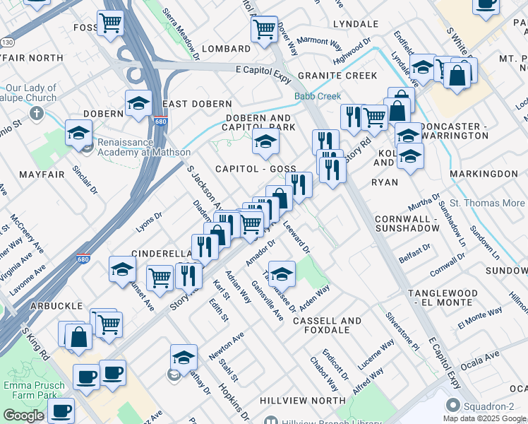map of restaurants, bars, coffee shops, grocery stores, and more near 2418 Sleepy Hollow Lane in San Jose