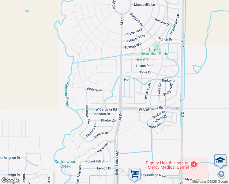 map of restaurants, bars, coffee shops, grocery stores, and more near 640 Heitz Court in Merced