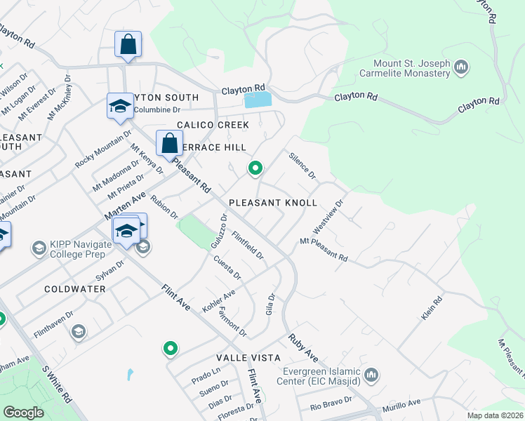 map of restaurants, bars, coffee shops, grocery stores, and more near 3520 Pleasant Knoll Drive in San Jose
