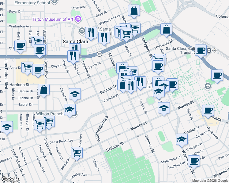 map of restaurants, bars, coffee shops, grocery stores, and more near 1080 Madison Street in Santa Clara