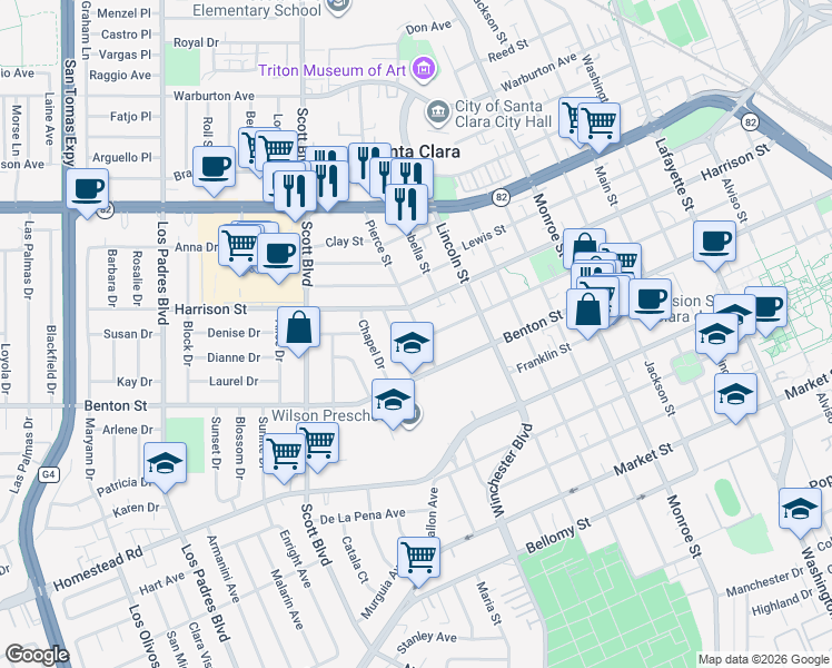 map of restaurants, bars, coffee shops, grocery stores, and more near 1764 Fremont Street in Santa Clara