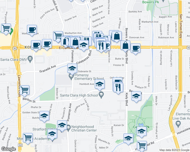 map of restaurants, bars, coffee shops, grocery stores, and more near 3131 Orthello Way in Santa Clara