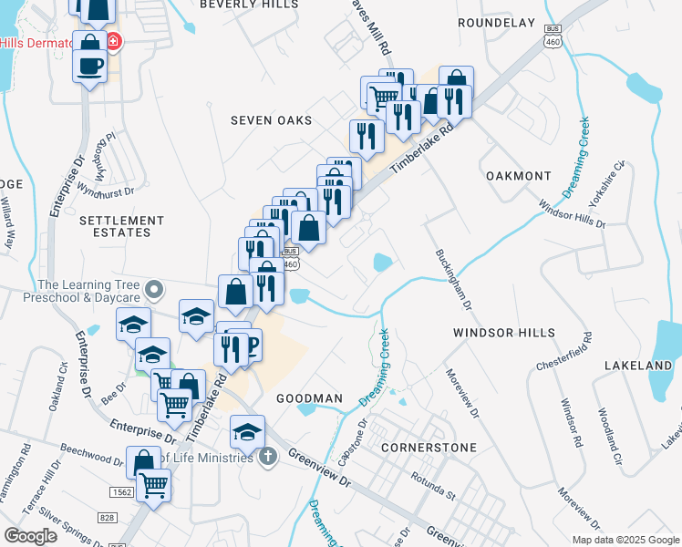map of restaurants, bars, coffee shops, grocery stores, and more near 8022 Timberlake Road in Lynchburg