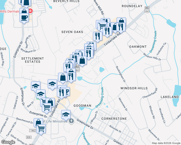 map of restaurants, bars, coffee shops, grocery stores, and more near 8022 Timberlake Road in Lynchburg