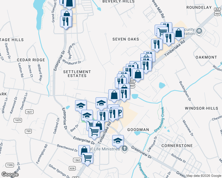 map of restaurants, bars, coffee shops, grocery stores, and more near 1100 Wood Road in Lynchburg
