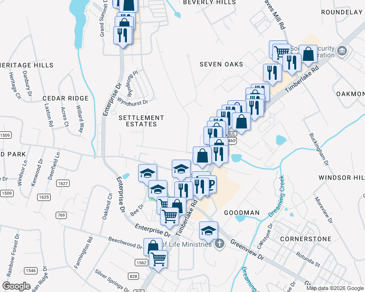 map of restaurants, bars, coffee shops, grocery stores, and more near 1204 Wood Road in Lynchburg