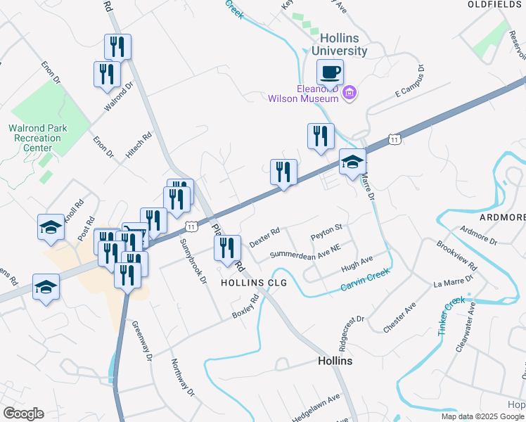map of restaurants, bars, coffee shops, grocery stores, and more near 7637 Williamson Road in Hollins