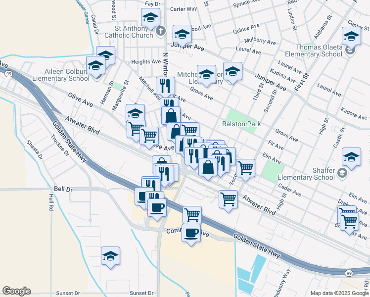 map of restaurants, bars, coffee shops, grocery stores, and more near 1599 Broadway Avenue in Atwater