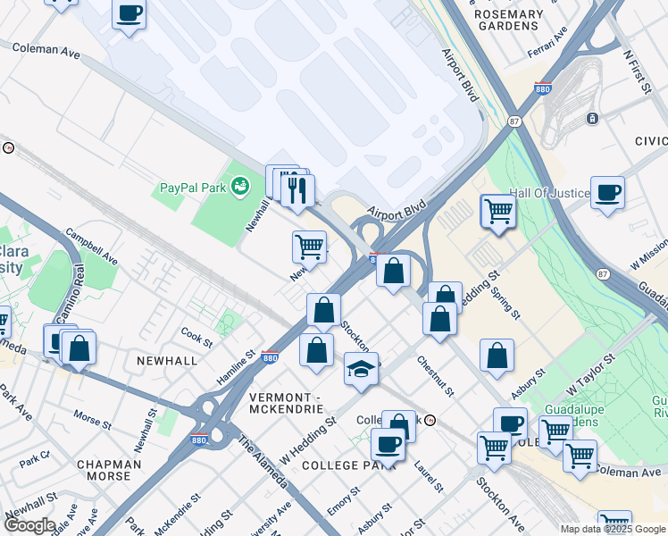map of restaurants, bars, coffee shops, grocery stores, and more near 1057 Chestnut Street in San Jose