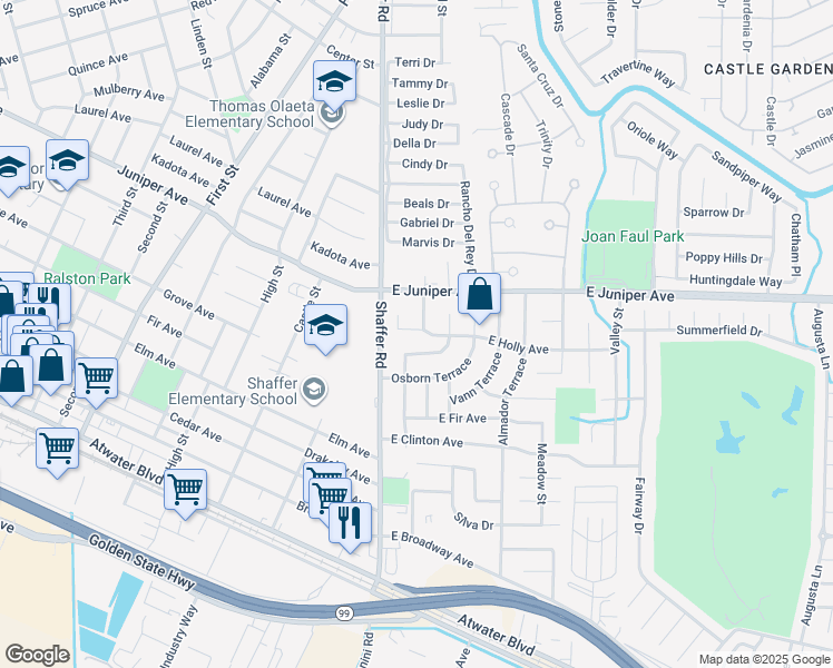 map of restaurants, bars, coffee shops, grocery stores, and more near 166 East Holly Avenue in Atwater