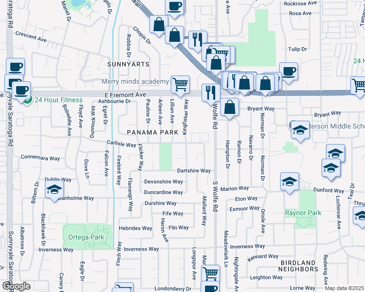map of restaurants, bars, coffee shops, grocery stores, and more near 1403 Kingfisher Way in Sunnyvale