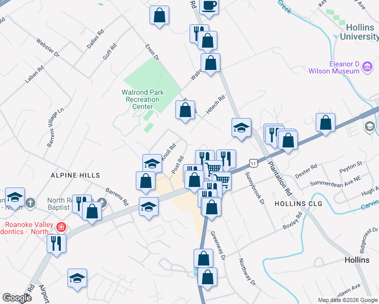 map of restaurants, bars, coffee shops, grocery stores, and more near 201-215 Post Road in Hollins