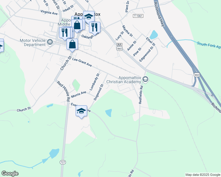 map of restaurants, bars, coffee shops, grocery stores, and more near 151 Bradford Lane in Appomattox