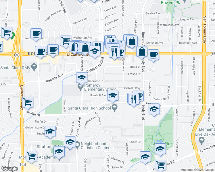 map of restaurants, bars, coffee shops, grocery stores, and more near 3131 Orthello Way in Santa Clara