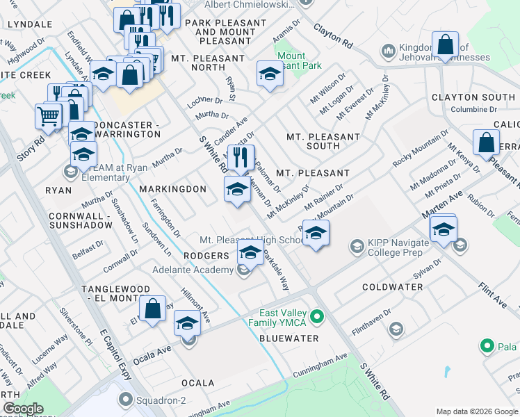 map of restaurants, bars, coffee shops, grocery stores, and more near 1560 S White Rd in San Jose