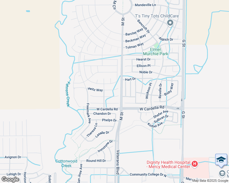 map of restaurants, bars, coffee shops, grocery stores, and more near 640 Heitz Court in Merced