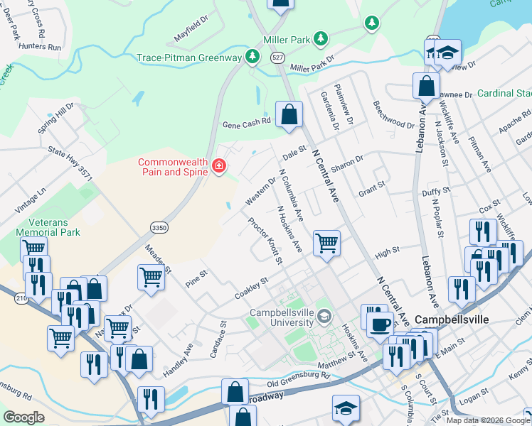 map of restaurants, bars, coffee shops, grocery stores, and more near 100 Pearl Circle in Campbellsville