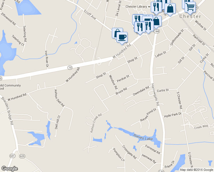 map of restaurants, bars, coffee shops, grocery stores, and more near 4830 Cool Spring Drive in Chester