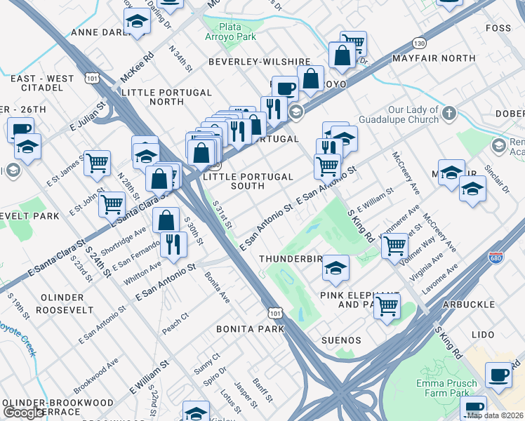 map of restaurants, bars, coffee shops, grocery stores, and more near 156 South 33rd Street in San Jose