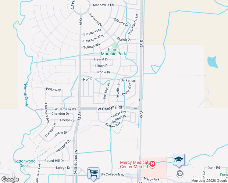 map of restaurants, bars, coffee shops, grocery stores, and more near 252 Fowler Court in Merced