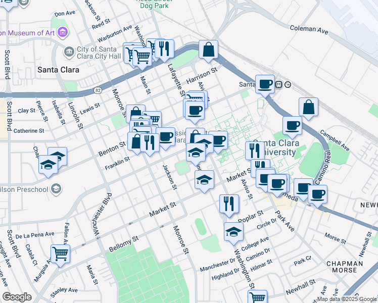 map of restaurants, bars, coffee shops, grocery stores, and more near 890 Washington Street in Santa Clara
