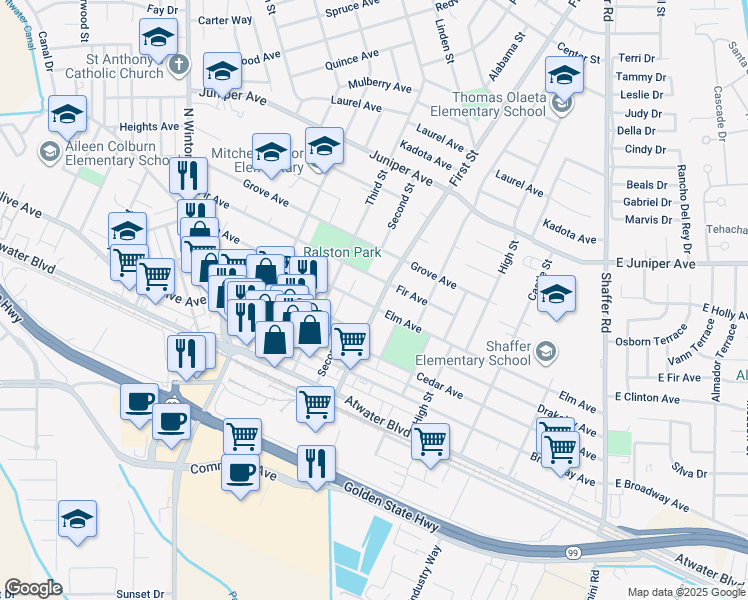 map of restaurants, bars, coffee shops, grocery stores, and more near 1401 First Street in Atwater