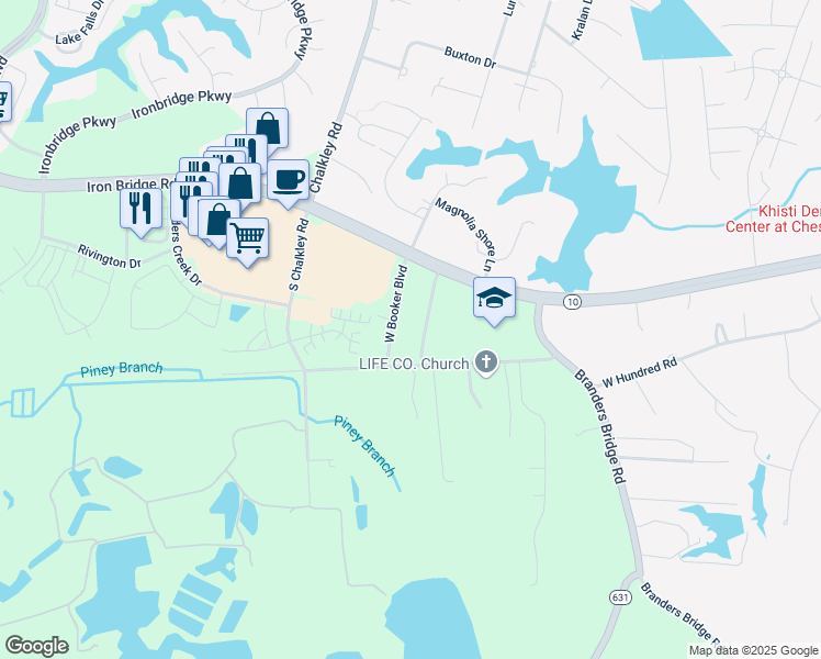 map of restaurants, bars, coffee shops, grocery stores, and more near 12408 East Booker Boulevard in Chester