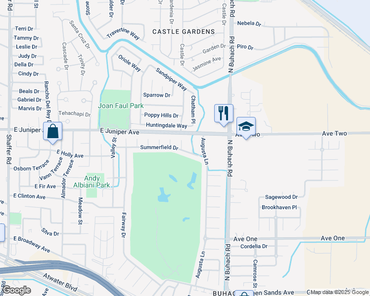 map of restaurants, bars, coffee shops, grocery stores, and more near 1802 El Dorado Court in Atwater