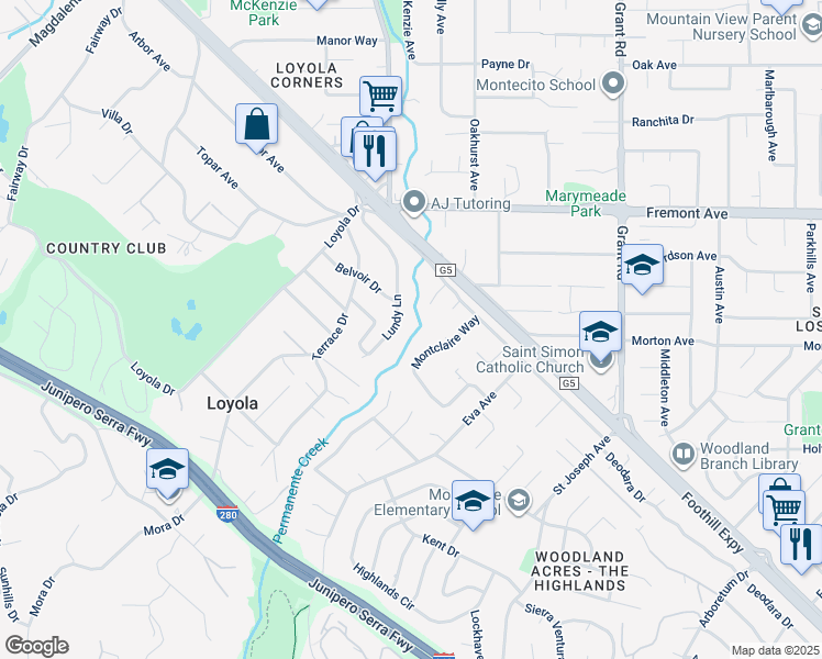 map of restaurants, bars, coffee shops, grocery stores, and more near 932 Lundy Lane in Los Altos