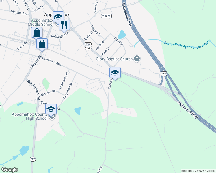 map of restaurants, bars, coffee shops, grocery stores, and more near 1916 Redfields Road in Appomattox