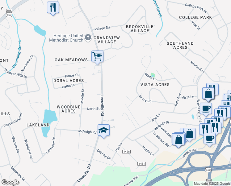 map of restaurants, bars, coffee shops, grocery stores, and more near 651 Leesville Road in Lynchburg