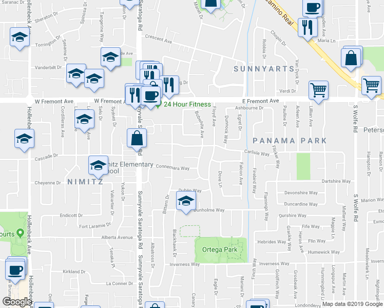 map of restaurants, bars, coffee shops, grocery stores, and more near 577 Carrick Court in Sunnyvale