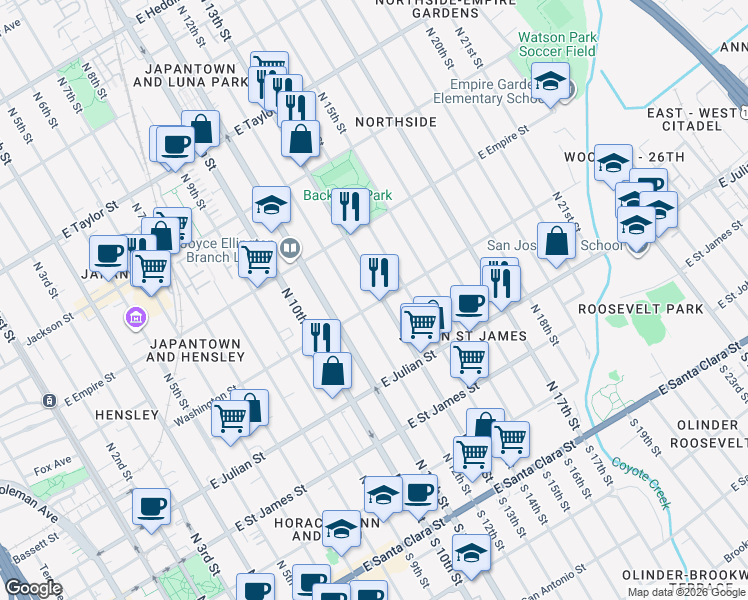 map of restaurants, bars, coffee shops, grocery stores, and more near 401 North 13th Street in San Jose