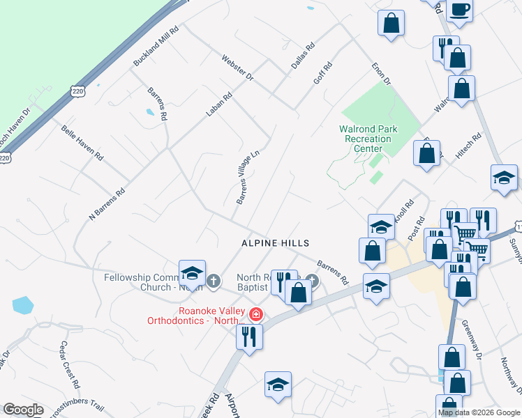 map of restaurants, bars, coffee shops, grocery stores, and more near 1030 Starmount Avenue in Hollins